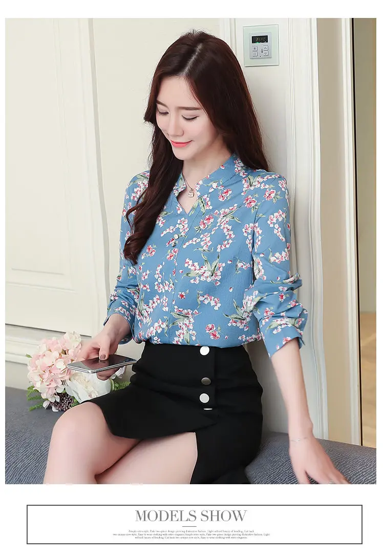 2019 New Autumn Chiffon Blouse Women Ladies Shirts Floral Print Blusas Mujer V-neck Long Sleeve Shirt Women Tops Plus Size (8)