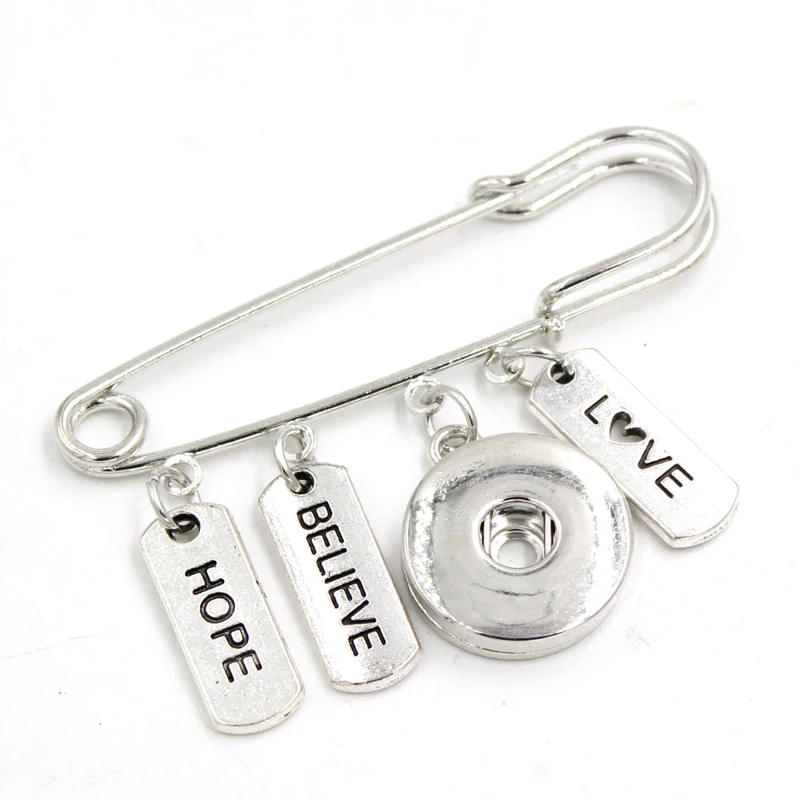 1PC Interchangeable Jewelry Snap Brooch Pin Believe Hope Love Charms