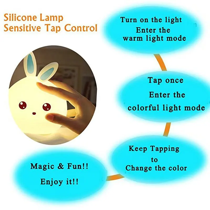 Cute Rabbit Multicolor Silicone Baby Nursery Lamp Touch Sensor Tap Control USB Rechargeable Kids Toy LED Table Night Bunny Light Cute Rabbit Multicolor Silicone Baby Nursery Lamp Touch Sensor Tap Control USB Rechargeable Kids Toy LED Table Night Bunny Light