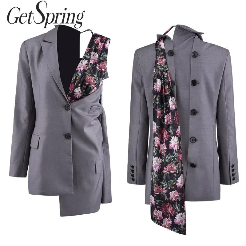 

GetSpring Women Blazer Printing Stitching Irregular Long Woman Blazer Long Sleeve Single Breasted Womens Jackets Suit Coat 2019