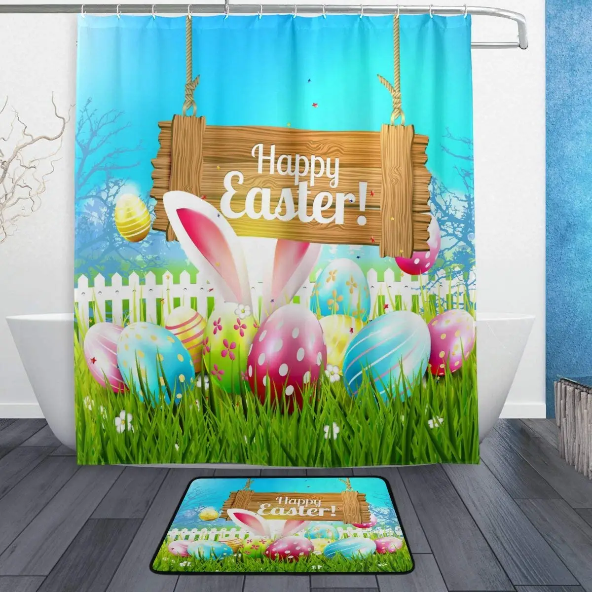 Happy Easter Colorful Eggs Bunny Shower Curtain and Rug Set Waterproof