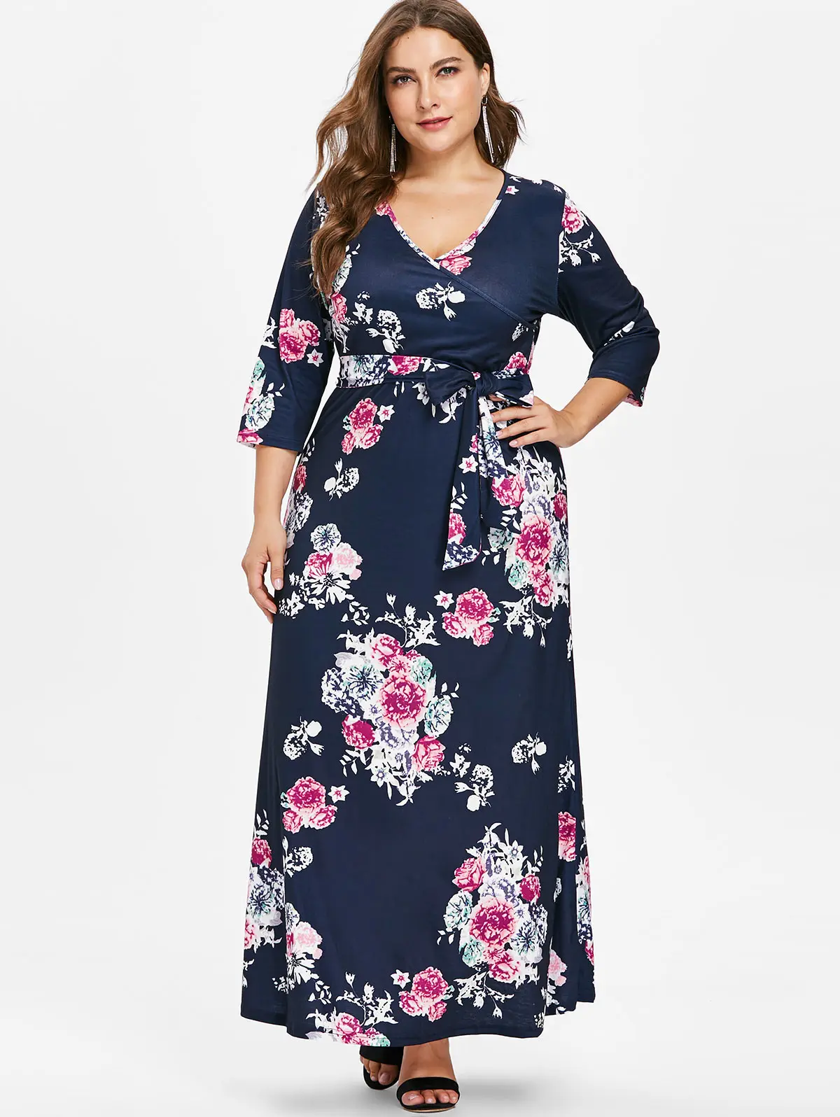 

2018 Autumn Fashion Women Dresses Three Quarter Sleeve Flower Maxi V Neck Sexy Plus Size Dresses XL 4XL Ladies Vestidos Clothing