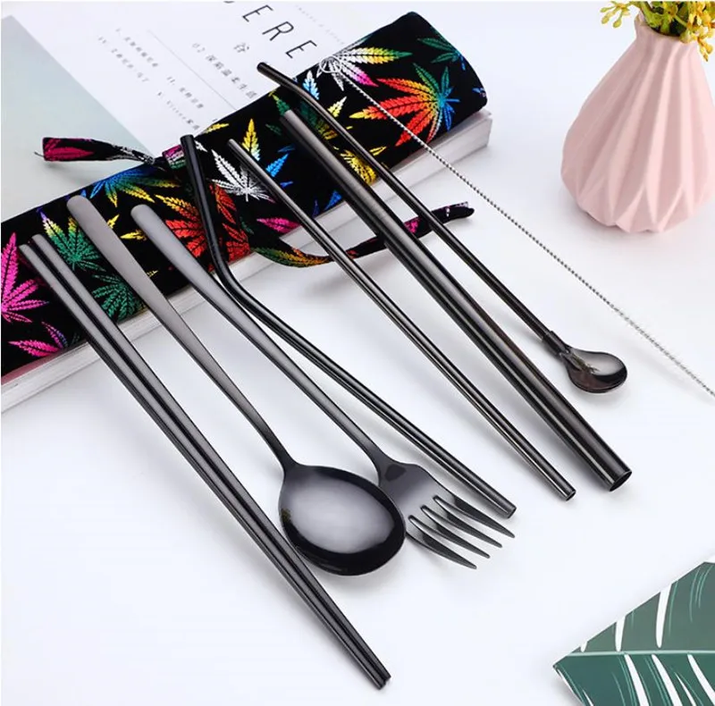 

7Pcs/set Stainless Steel Chopsticks Fork Spoon Straws With Cloth Pack Kitchen Dinnerware Tableware Kit Cutlery Set