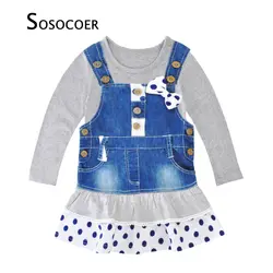 Sosocoer детские одежда для девочек новый осенний комплект Пёс из мультфильма футболки + горошек ремень Джинсовые юбки 2 шт. животных детская