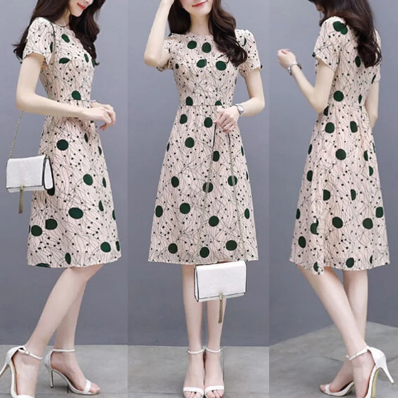 

Women Bohemian Dot Printed A-line Party Dress Short Sleeve O Neck Elegant Vintage Dress Summer New Fashion Chic Women Dress