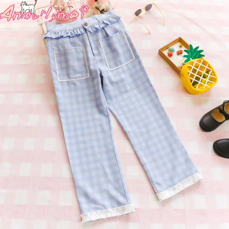 

2019 Spring Summer Women Sweet Ruffles High Waist Casual Loose Plaid Straight Pants Capris Cute Japanese Style Mori Girl Lolita