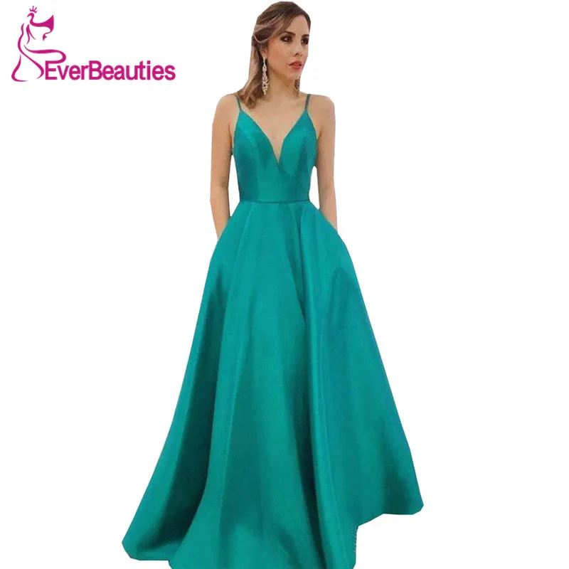 

Abiye Gece Elbisesi 2019 Green Evening Dress with Pockets Satin V-Neck Party Gowns Vestido De Festa Longo Robe De Soiree