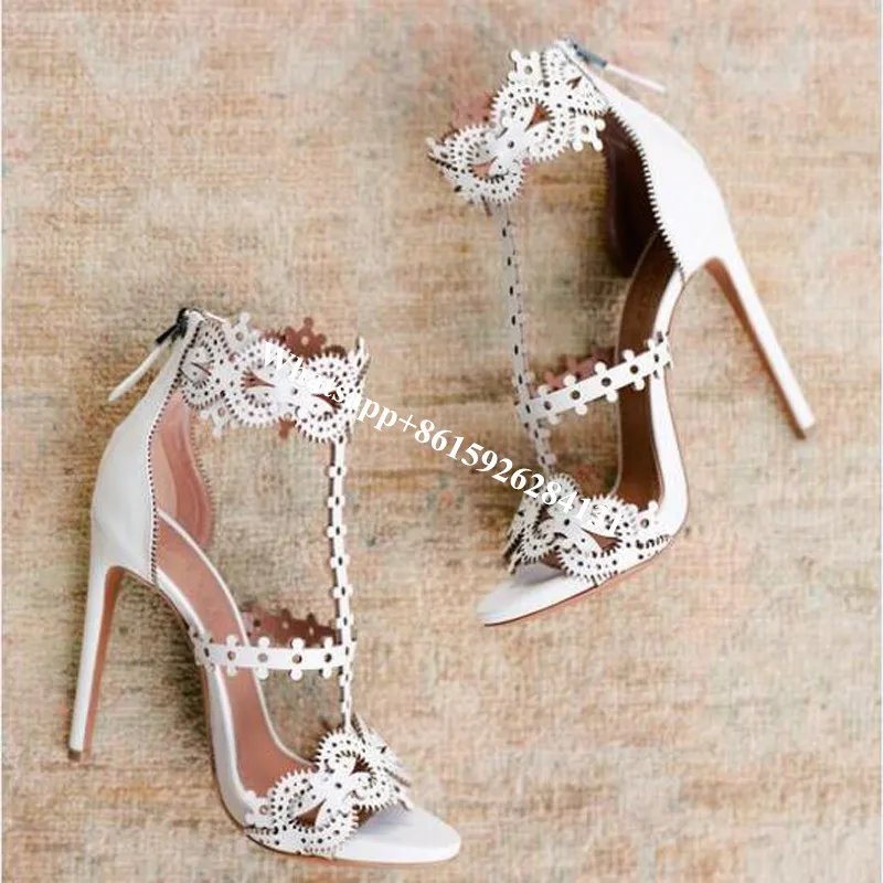 

Laser Cut T-Strap Floral Bridal Wedding Shoes Woman Pumps Fashion Open Toe White Cut Out Women High Heels Gladiator Sandals