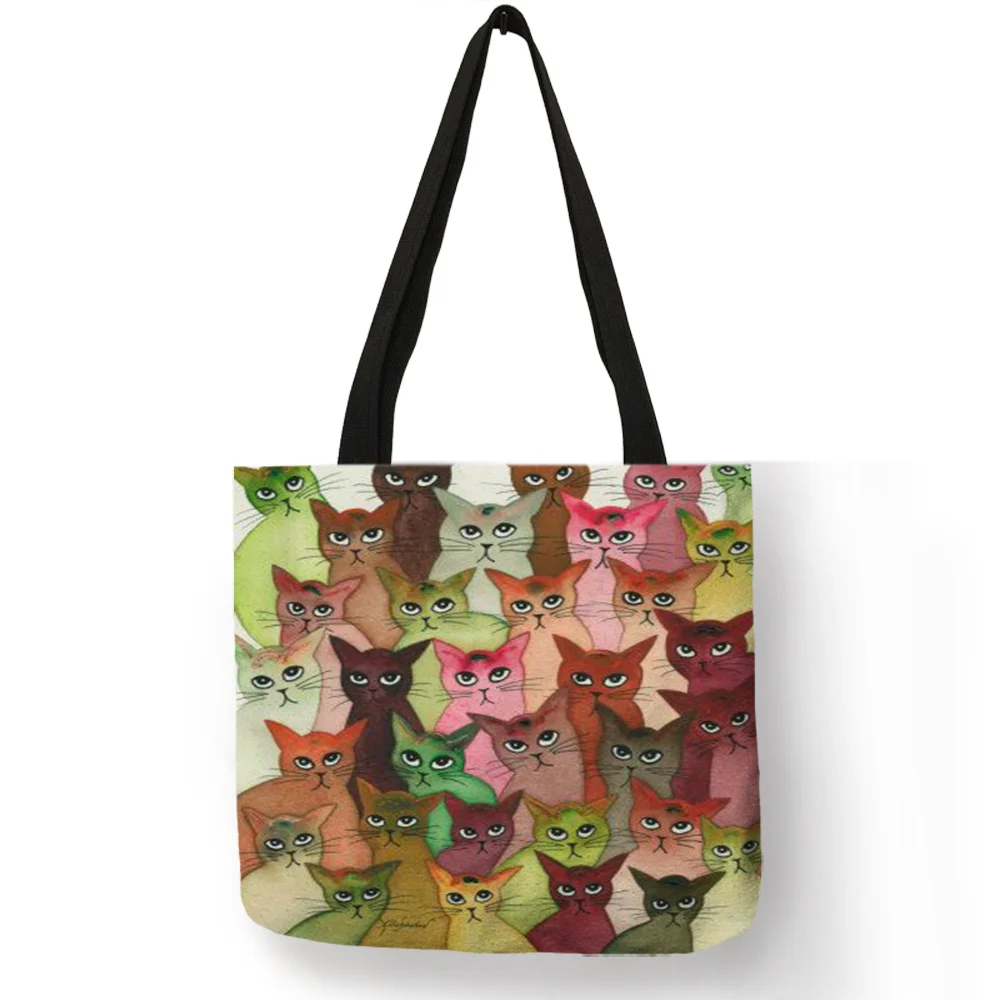 Ladies Girls Casual Portable Fashion Handbag Colorful Cartoon Cute Cat Kitten Printing Design Shoulder Bag Eco Linen Daily Totes