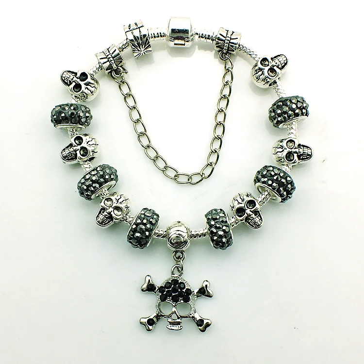 

Free Shipping Fashion Skull Charms Bracelets Silver Plated Black Rhinestone Beads Infinity DIY Bracelet & Bangle Jewelry