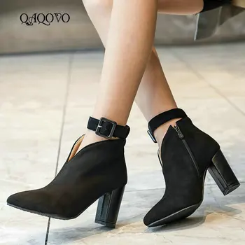 

Women 2019 Autumn Winter Ankle Boots Fashion Zipper Boots Women Pointed Toe Square High Heel Buckle Boots Black Wine Red Green