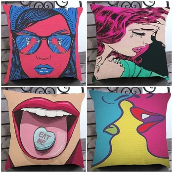 

American POP Art Trendy Chair Pillows High Heel Tears Kiss Blue hair Lady Home Decoration Cushion Cotton Linen 45 x 45cm