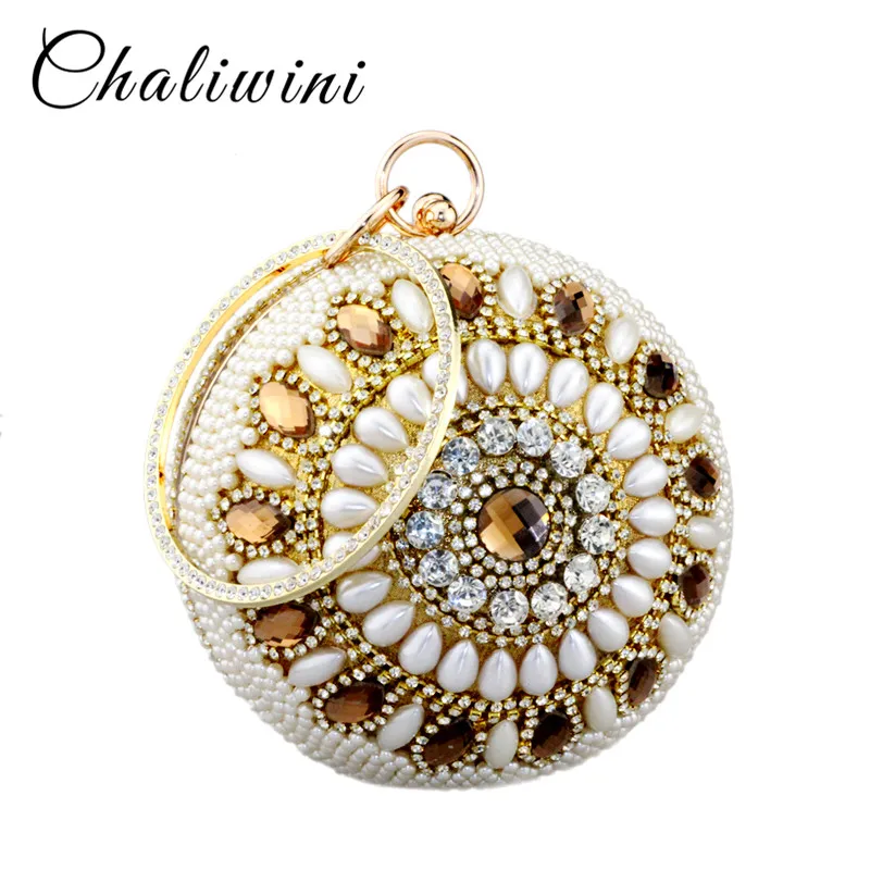 

Chaliwini New fashion gold shape bowling shoulder bags siliver diamond pearl beaded ball wristlets women pouch evening bag