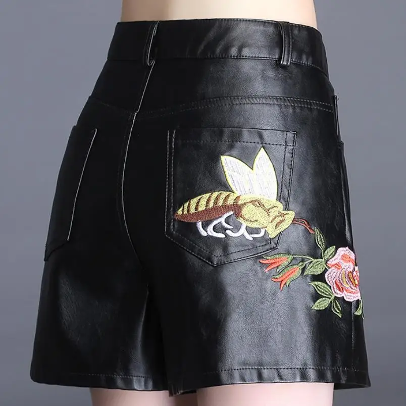 

women's high waist large size wide leg embroidered PU leather shorts