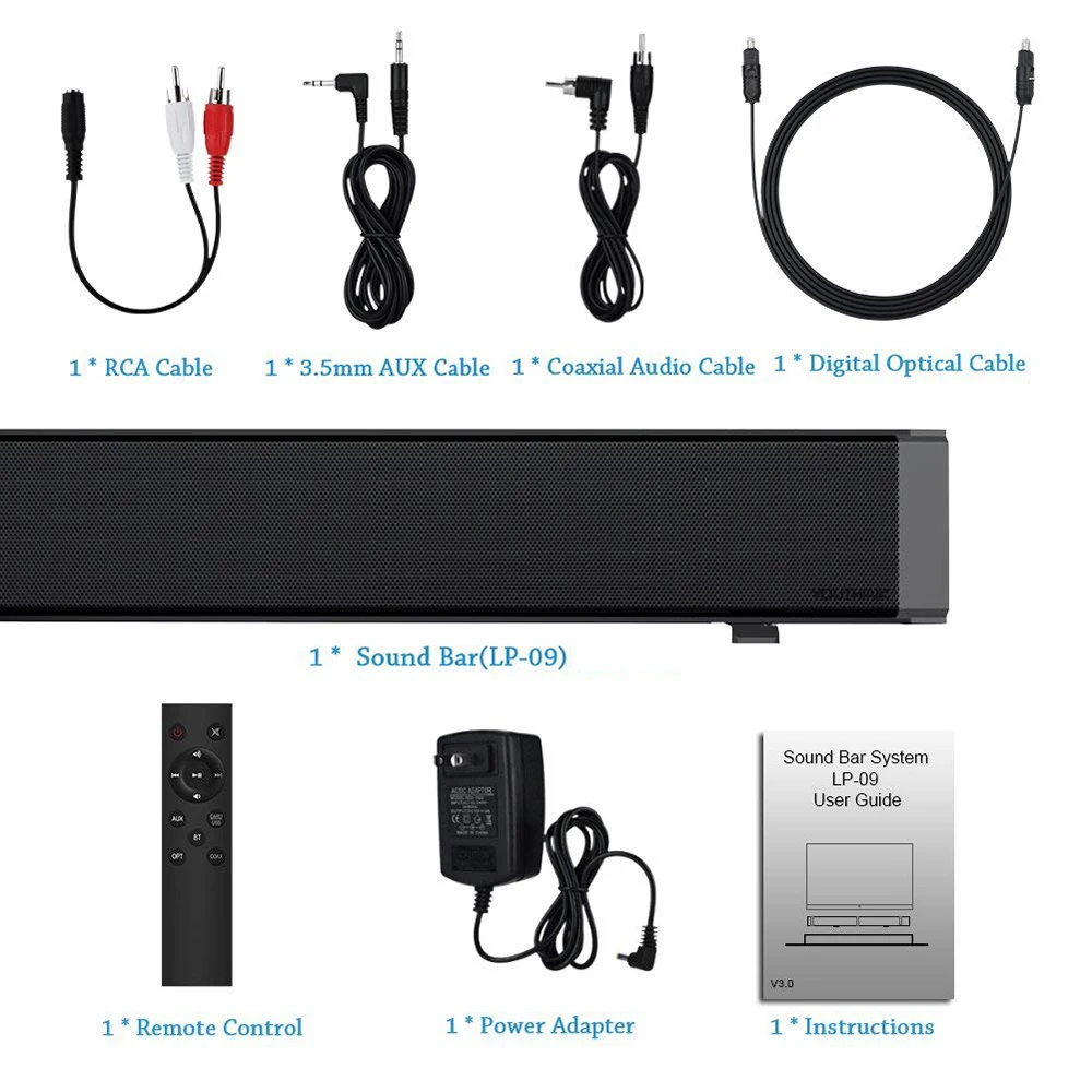 Sago LP09 Bluetooth Speaker Soundbar Wireless Home Theater Loudspeaker Audio Stereo Speaker System with Subwoofer Optical Input