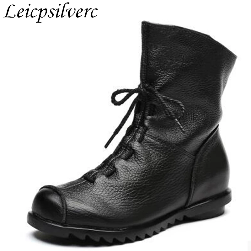 

Women Boots Spring Autumn New Sexy Fashion Genuine Leather Zip Sewing Ankle Boots Handmade Flat Casual Shoes Black Red