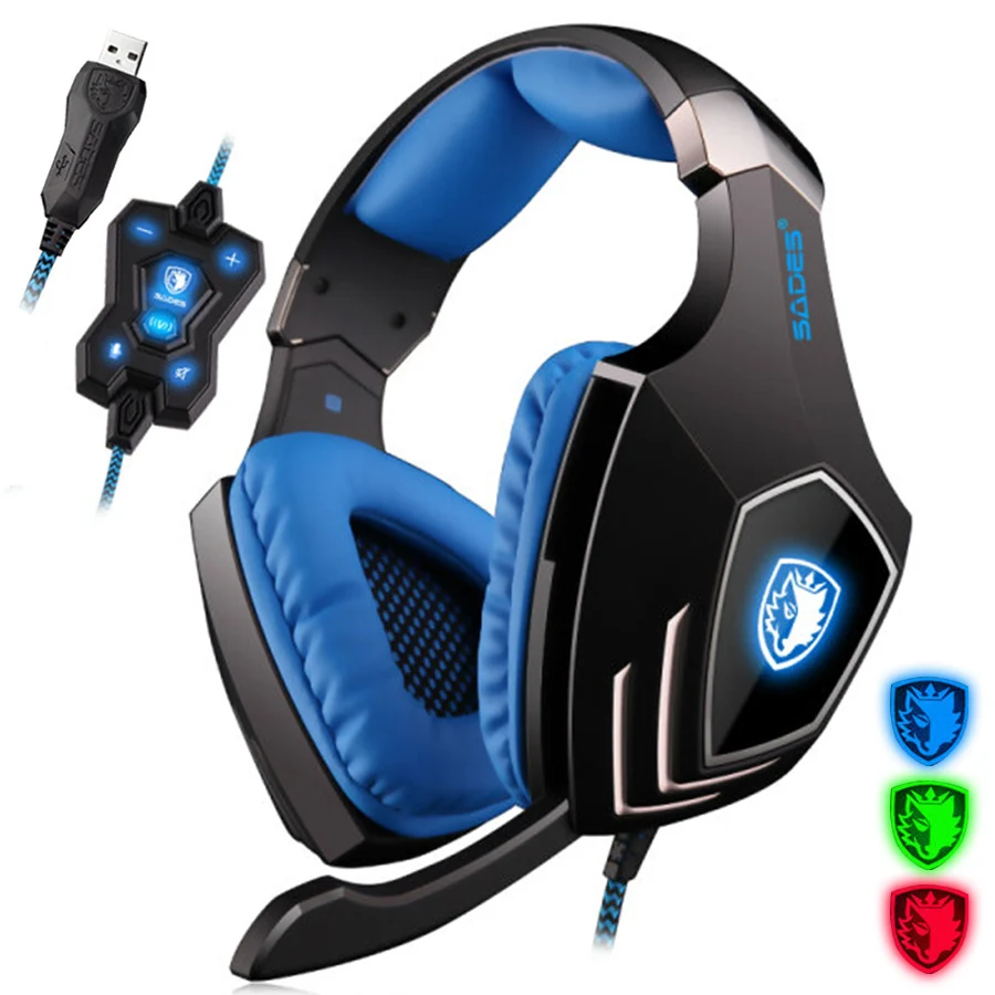 

SADES A60 7.1 Surround Sound USB Game Headset Over Ear with Microphone Vibration Volume Control LED Light Headphone for PC Gamer