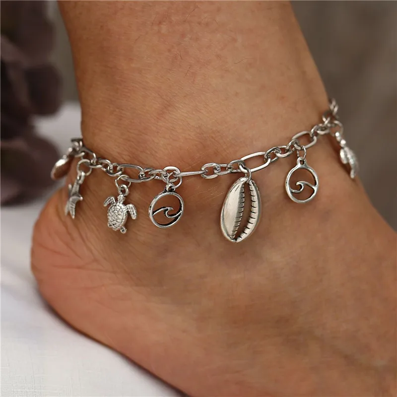

Bohemian Multiple Wave Turtle Shell Pendant Anklet For Female Sliver Color Conch Chain Anklet