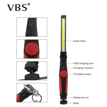 

Portable COB LED Flashlight Torch Flexible Hand Torch Work Light Rechargeable Led Inspection Lamp Wirth USB Charging Port