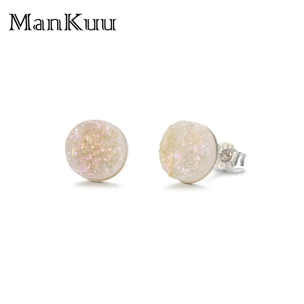 

Mankuu 8mm 925 Sterling Silver Stud Earrings Small DIY Natural Crystal Stone Earrings Simple Round Druzy Opal Earrings For Women