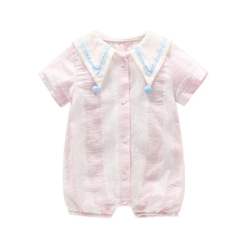 

Vlinder Baby Clothes Baby Girl Romper Newborn clothing Vertical Stripe Button Pajama Snug Short Sleeves Sailor Collar Jumpsuit