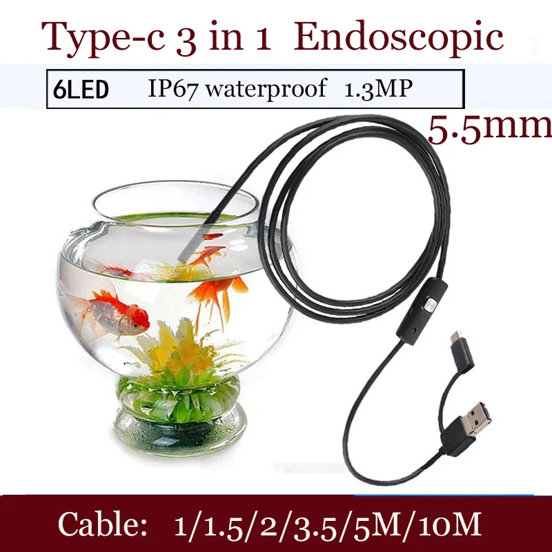 

SHINA Type-C 3 In 1 USB 5.5mm Endoscope IP67 Waterproof Camera Borescope Inspection 6 LED For Andorid Phone PC 1M/1.5M/2m/5M