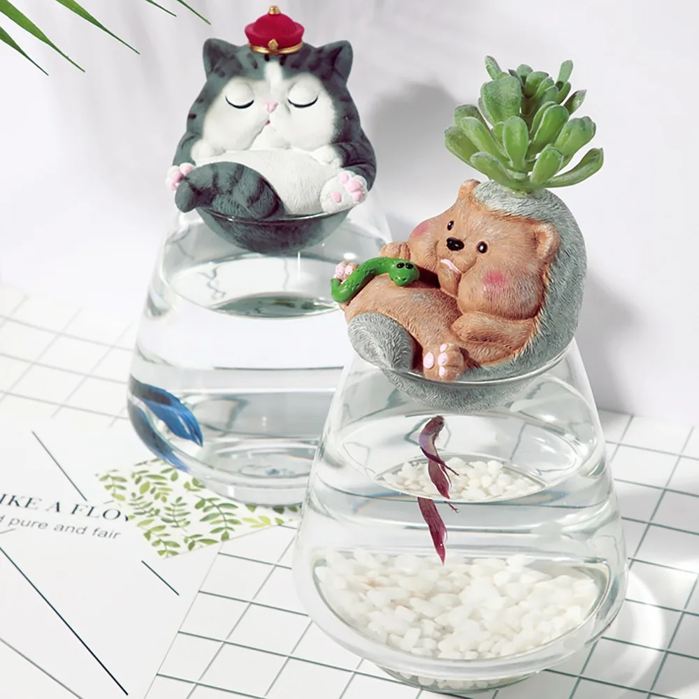 Милый мультяшный Кот Панда медведь, еж цветочный горшок сидящий на вазе стеклянный горшок с искусственными суккулентами кактусы декоративные