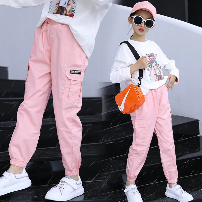 Kids Girls Cargo Pants 2023 Autumn Children Girl Trousers Fashion Cotton  Pencil Pants Black Pink Khaki Teen Cargo Trousers 5-13T