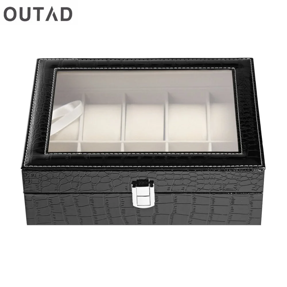 

Black 10 Slots Grid PU Leather Watch Display Box Jewelry Storage Organizer Case Watch Display Box Imitation Crocodile Winder