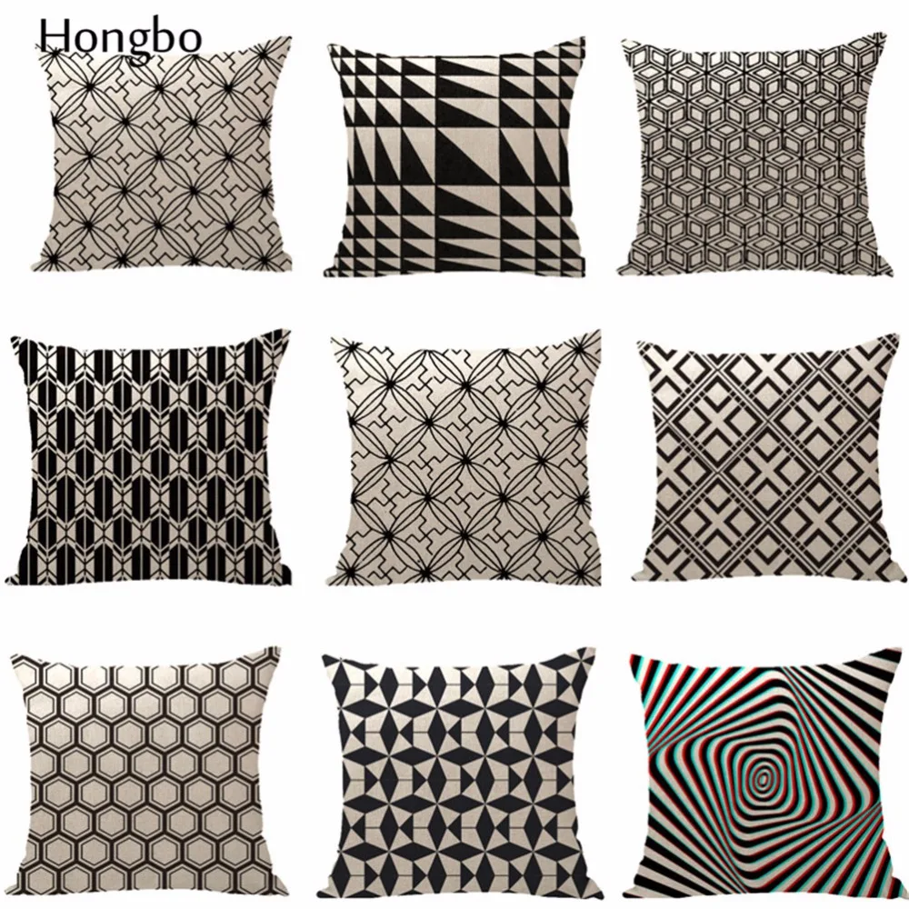 

Hongbo 1 Pcs Linen Pillowcase Black Beige Geometry Pattern Printing 45x45 Throw Pillow Covers