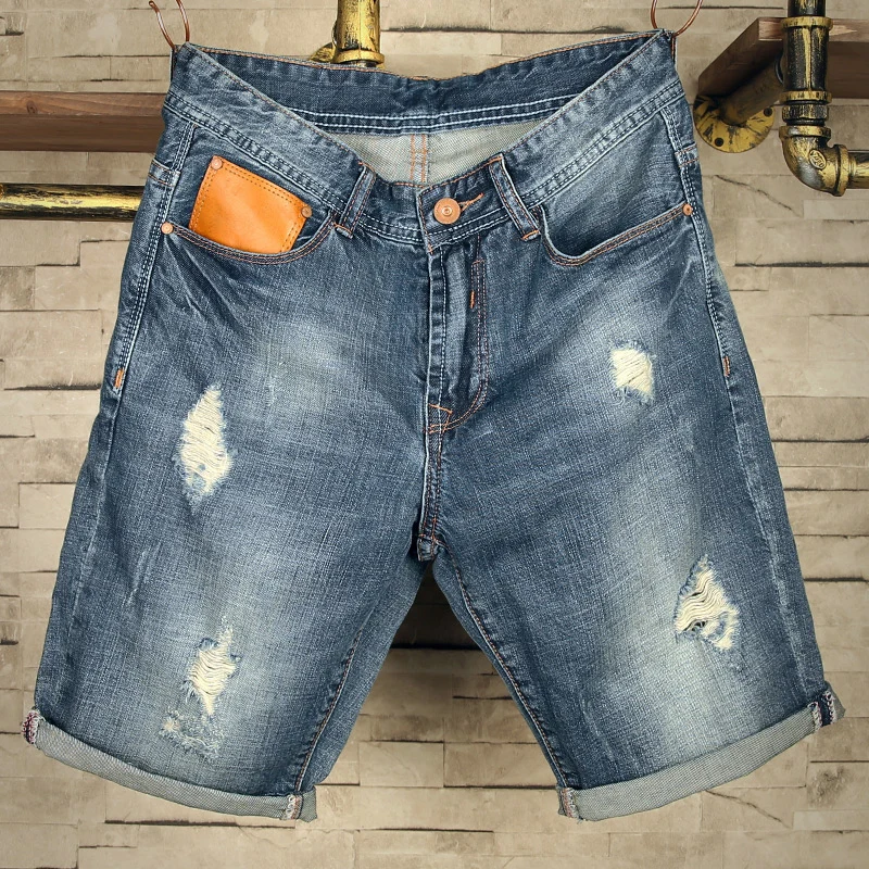 European and American vintage hole denim shorts male Knee Length summer