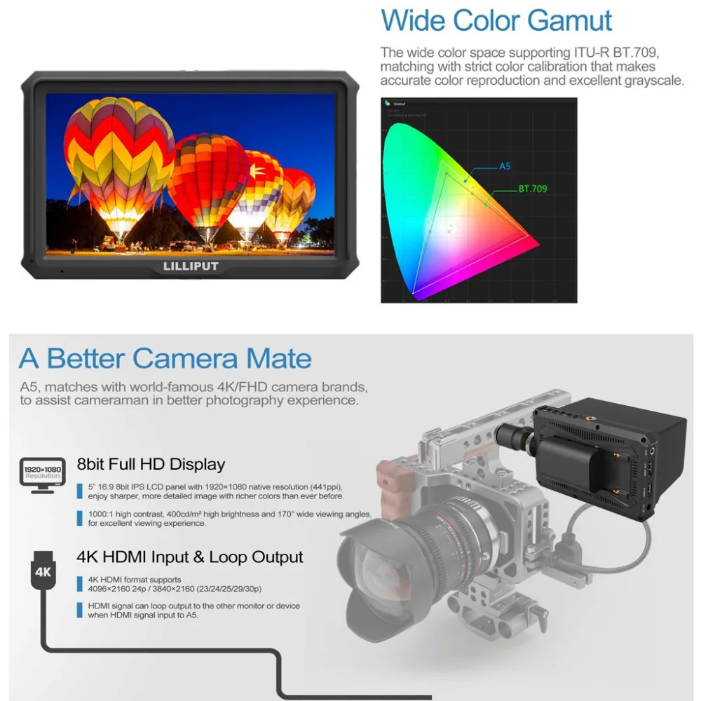 Монитор Lilliput A5 5 дюймов IPS 4K HDMI для камеры DSLR или беззеркальной полевой