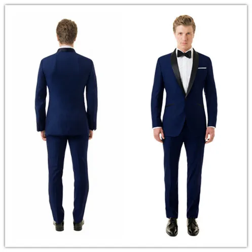 

new arrival Summer Style 100% wool classic navy blue 2pcs one button with satin shawl lapel wedding full suit designs