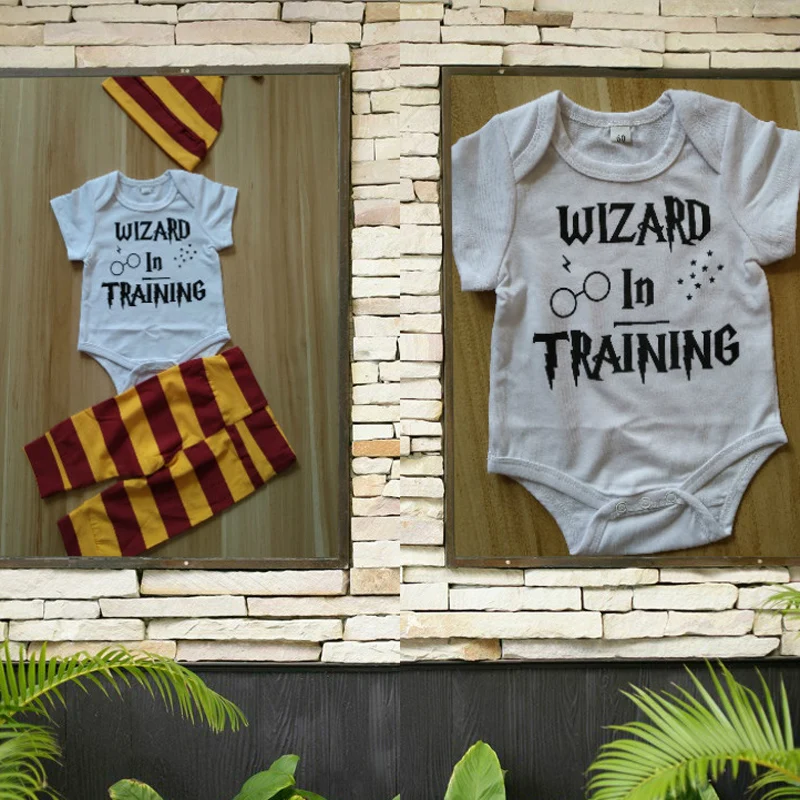 

Infant Baby Clothing Set 2019 Summer 3PCS Sets Wizard In Training Romper+Harri Stripe Pants+Hat Newborn Baby Outfits