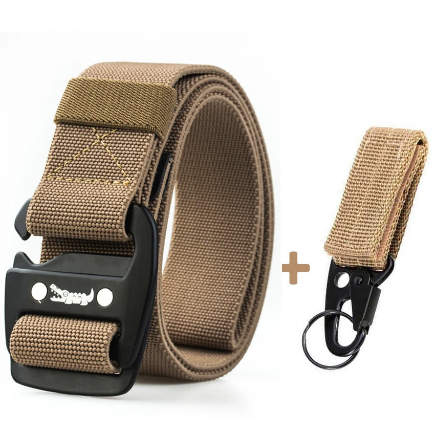 Эластичный холщовый ремень для мужчин для джинсов, брюк, армейский крокодиловый дизайнерский ремень с металлической пряжкой, повседневный длинный нейлоновый пояс, черный мужской подарок - Цвет: Brown Match Belt