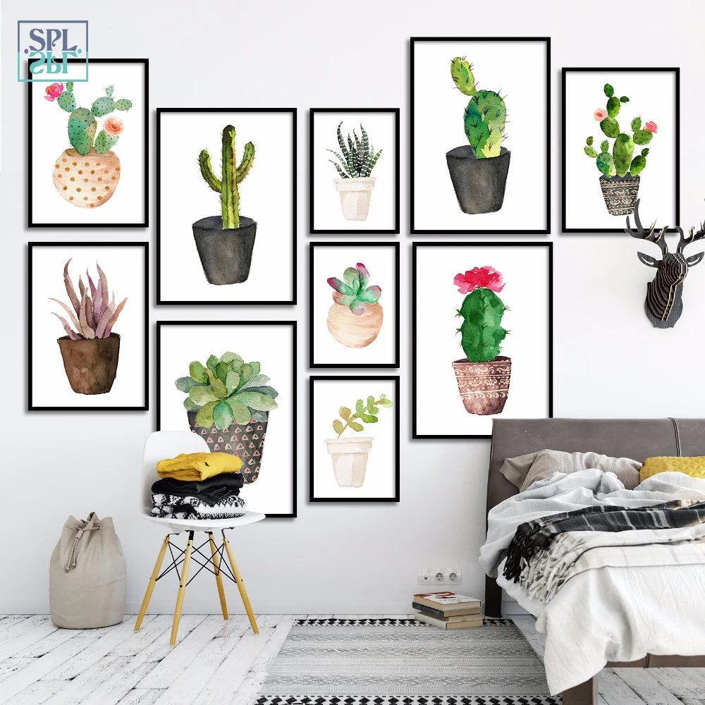 

SPLSPL Nordic Watercolor Succulent Green Plants Canvas Art Print Poster, Cactus set Wall Paintings Modern Home Decor No Frame