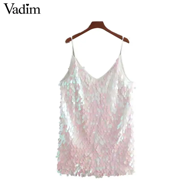 

Vadim women sexy shinny party club dress sequined V neck sleeveless spaghetti straps female casual mini dresses vestidos QC540