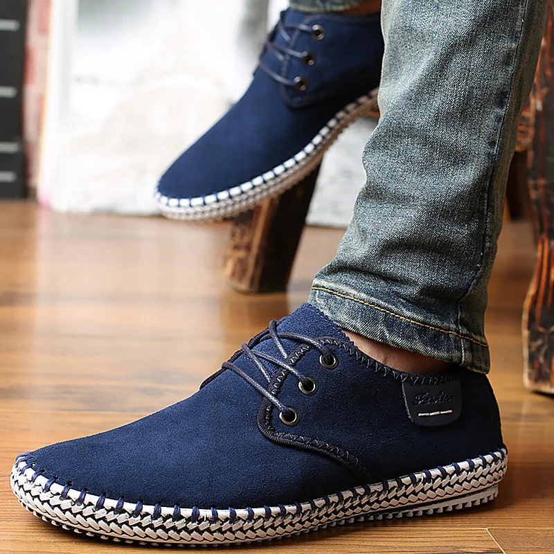 

Suede Leather Shoes Men Sewing Blue Fashionable Shoes Plus Size 45-48 Comfortable Driving Flat Shoes For Men Factory Outlets