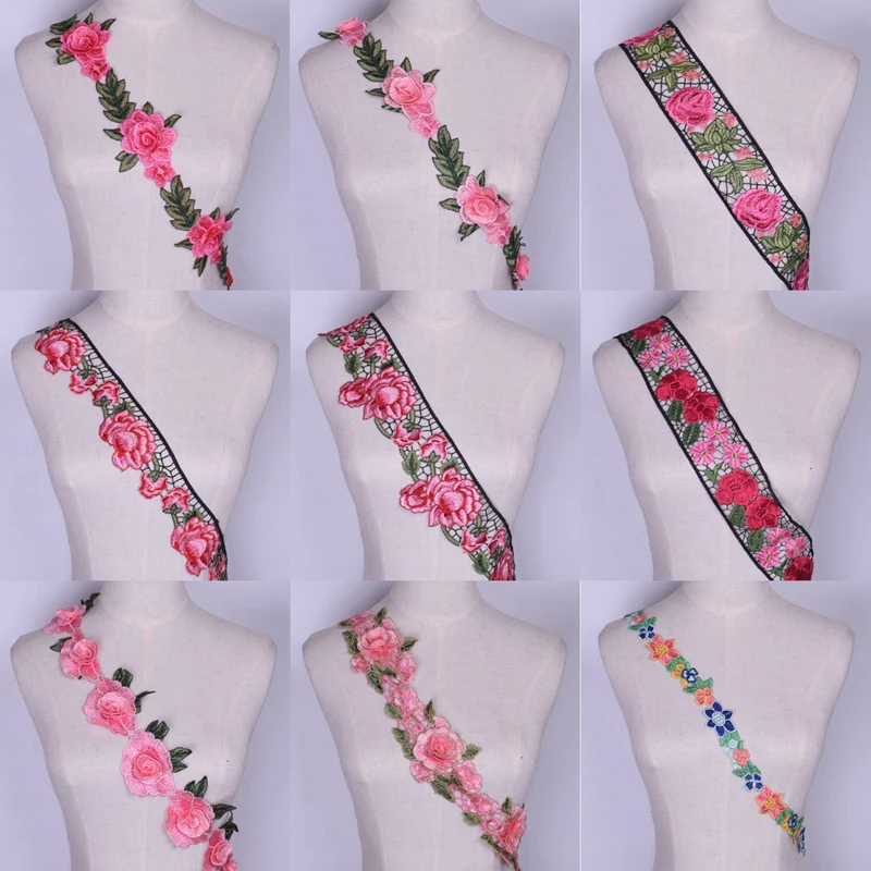 Flower Motif Fabric Embroidered Lace Trim Sewing Applique Dress Decor HB181 2PC