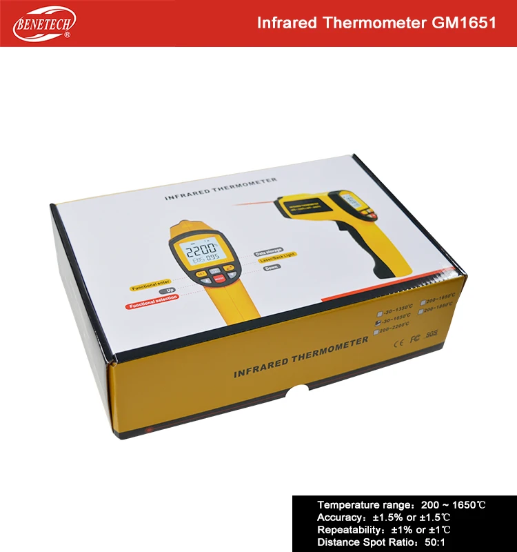 Бесконтактный лазерный ручной промышленный 50: 1 GM1651 ИК Инфракрасный цифровой термометр-30~ 1650 градусов