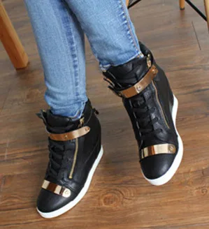 Women's High Top Wedge Sneakers in PU Leather - Stylish and Trendy Black and White Casual Shoes image 5