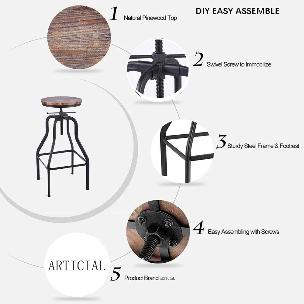Vintage Bar Stool Round Swivel Wood Seat and Metal Height Adjustable Industrial Look Swivel Bar Chairs Vintage Bar Stool Round Swivel Wood Seat and Metal Height Adjustable Industrial Look Swivel Bar Chairs