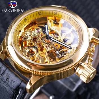 

Forsining Retro Men's Mechanical Wristwatches Screw Crown Cap Design Golden Skeleton Clock Black Genuine Leather Horloge Mannen