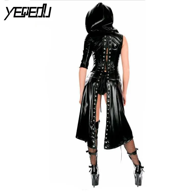 #1531 فو الجلود ارتداءها المرأة مثير ملابس للنادي الأسود عباءة النساء Bodycon ضمادة ثوب فضفاض بو الجلود داخلية فام زائد حجم