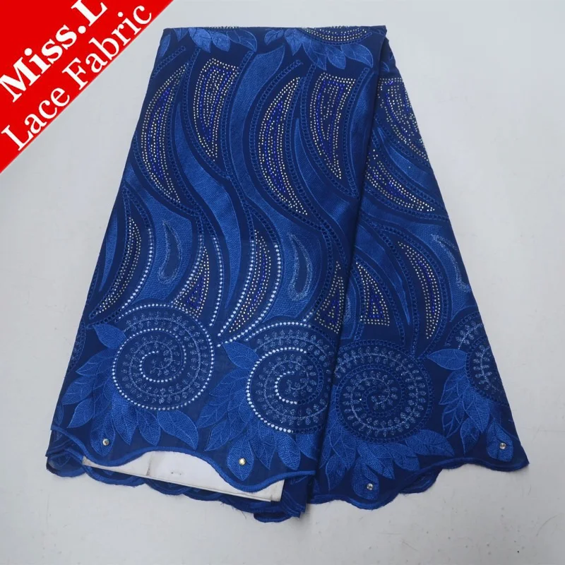 

Miss L Blue African Lace Fabric with Stones Eyelet Swiss Voile Lace in Switzerland High Quality 2018 African Cotton Lace Fabric