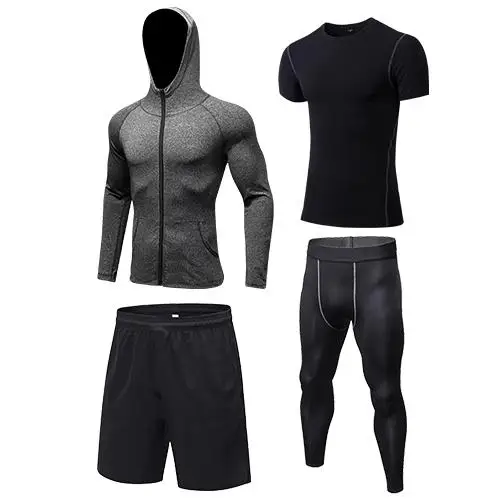 4 комплекта, Мужская Весенняя летняя спортивная одежда, 4 шт., быстросохнущая футболка с коротким рукавом, куртка с капюшоном, свободные шорты, обтягивающие штаны, леггинсы, Xxl - Цвет: set 5