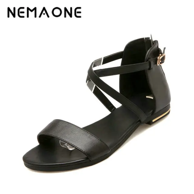 NEMAONE 100% Genuine Leather New Arrival Hot Sale Fashion Summer Sweet Women Flats Heel Sandals Casual Buckle Strap Women Shoes