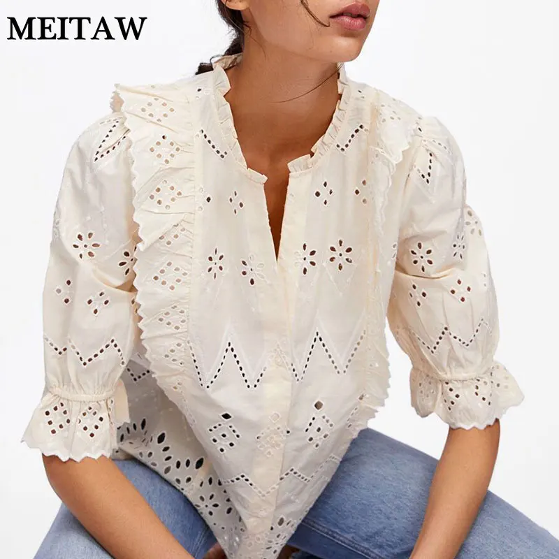 

Elegant Floral Lace Blouse Shirt Women Half Sleeve White Blouse Spring Summer Autumn Hollow Out Tops V Neck Blouse Blusas