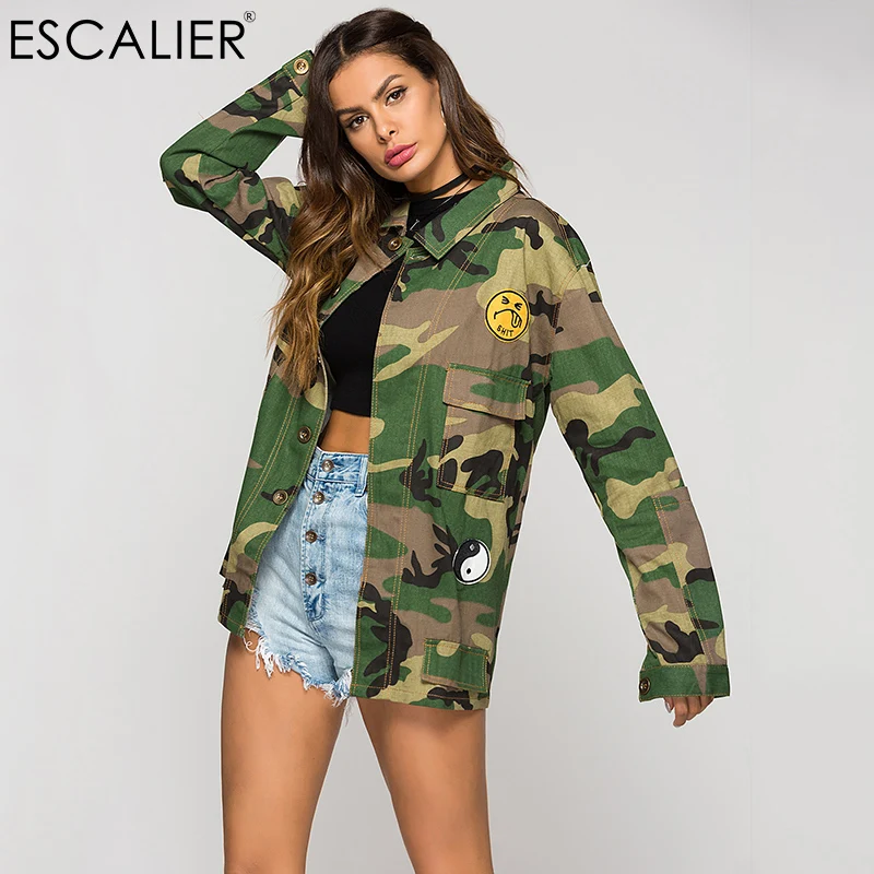 

ESCALIER Fashion Army Green Printed Camouflage Jacket Chaquetas Mujer Women's patchwork Denim Spring Autumn Wide-waisted Jacket