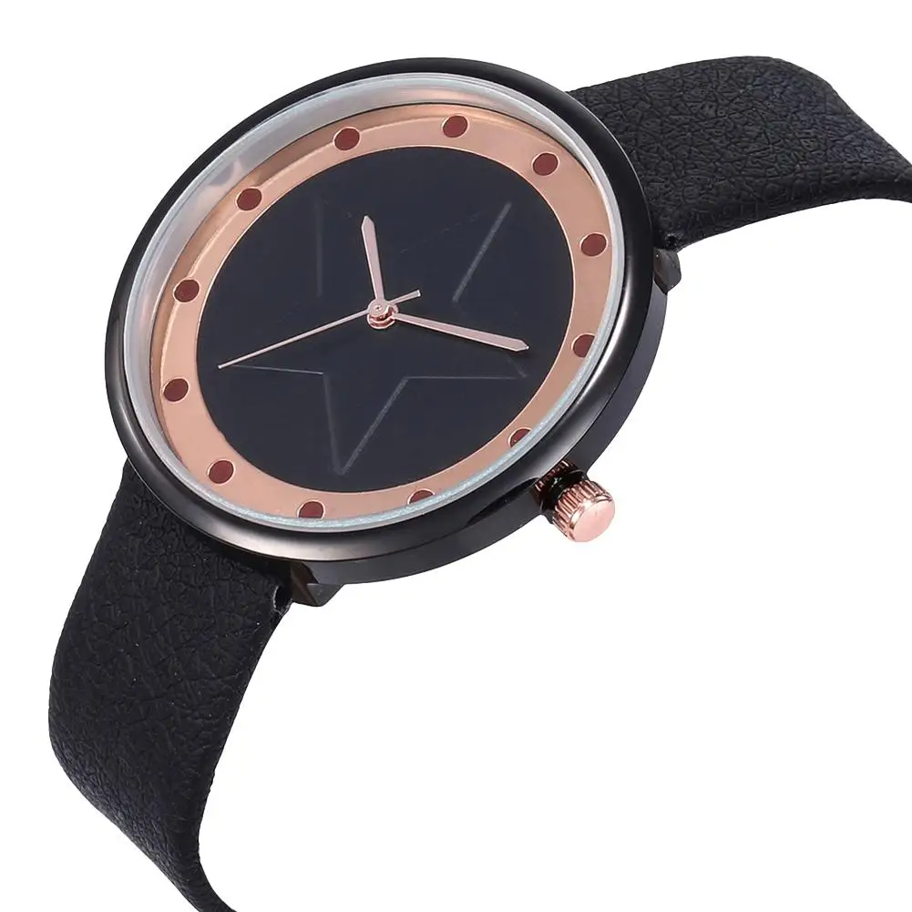 

Fashion Color Block Embossed Star Round Dial Faux Leather Band Women Quartz Wrist Watch
